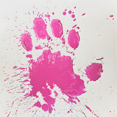 messy cat paw print done with pink ink or paint on a white background.