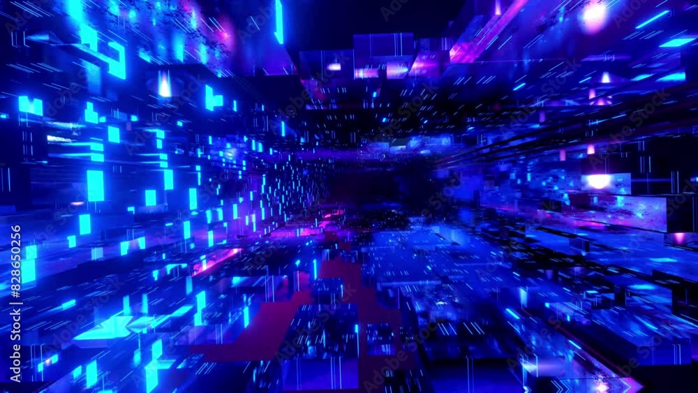 Aufkleber flight through hi-tech technology tunnel with camera shake. neon light and mist, sci-fi construction