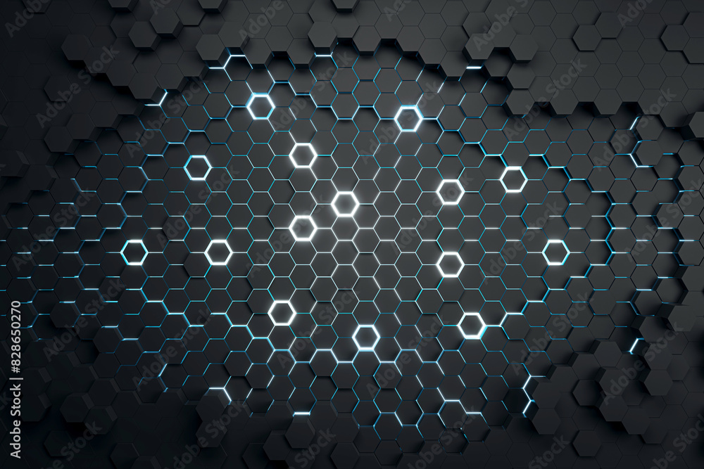 Poster Hexagonal pattern glowing blue on a dark backdrop, conveying a concept of modern tech. 3D Rendering