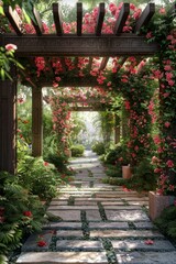 Fototapeta premium Ornate Pergola Garden Path with Abundant Blooms