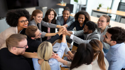 Fototapeta premium Multiracial office workers stack hands motivated for joint business success or goal achievement