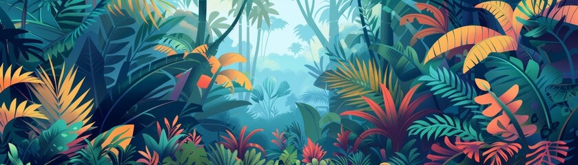 Dense jungle scenery with tropical foliage, flat design, side view, explorer theme, animation, Split-complementary color scheme