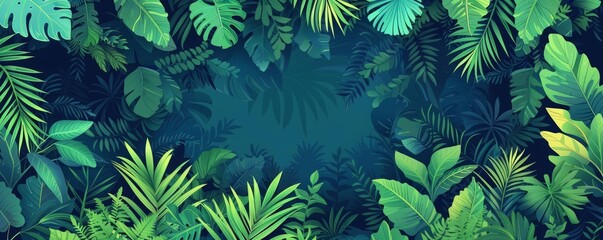 Dense jungle with exotic green undergrowth, flat design, top view, rainforest theme, cartoon drawing, vivid