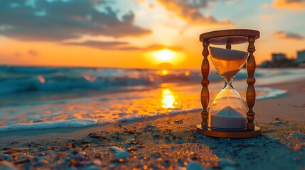 An hourglass on the beach with sunset in the background, symbolizing time passing and living each moment to its full potential.