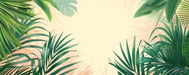 Large palm fronds in tropical setting, flat design, side view, jungle adventure theme, water color, Complementary Color Scheme