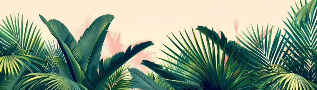 Large fronds of palm leaves, tropical scenery, flat design, front view, hidden oasis theme, cartoon drawing, Triadic Color Scheme