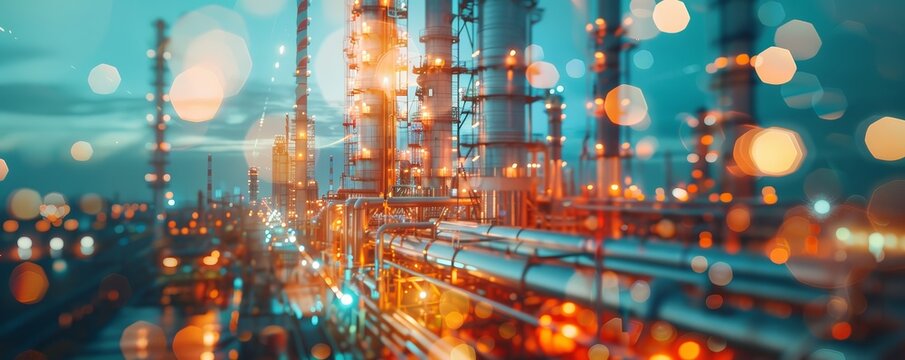 Oil refinery with blurred lights in blue and orange colors.