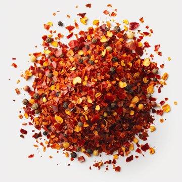 Spice it Up: Red Chili Flakes Sprinkle on White Canvas, culinary art, close up hot spicies, reed pepper 