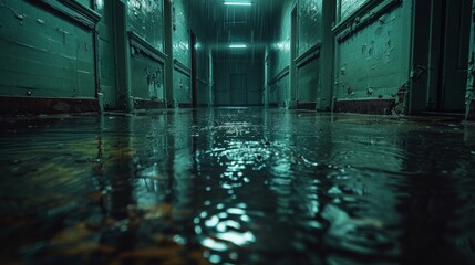 A dimly lit corridor with standing water reflects the eerie lighting, highlighting the industrial decay