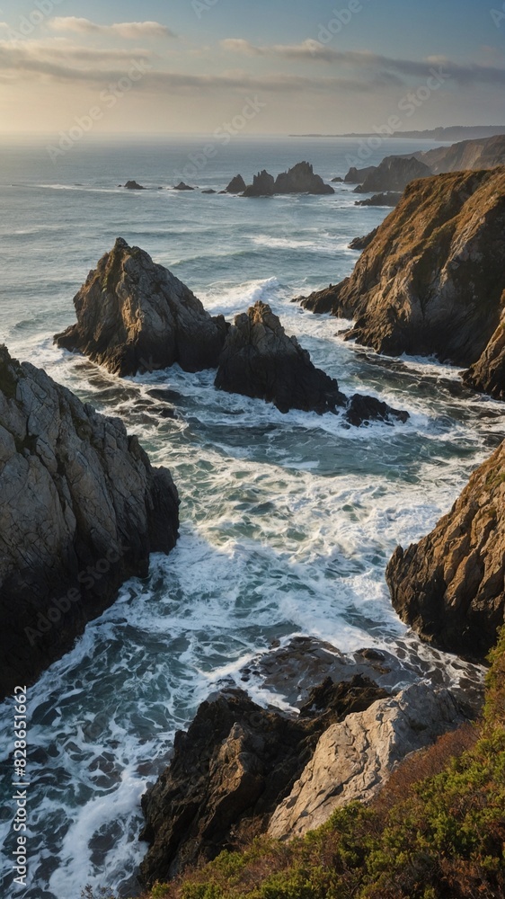 Poster rugged coastline captured with waves crashing against jagged rocks under serene sky. sunlight filter