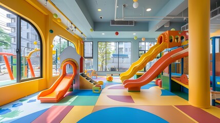 At the kindergarten art exhibition, there is an indoor playground with slides and windows on one side. The floor has colorful paint patterns, creating a cheerful atmosphere for children to play.