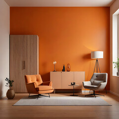 3d living room interior mockup in warm tones with armchair on empty light orange wall background
