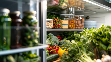 Picture of a fully stocked refrigerator with space for text, emphasizing organization and freshness. The neat arrangement of food items showcases a healthy and well-maintained kitchen, AI generative.