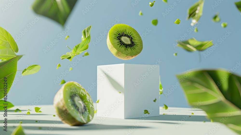 Poster fresh kiwi fruit levitating over cube in minimalist studio setup