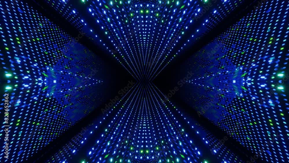 Poster 4k seamless looped animation. fly through mirror symmetrical tunnel with neon pattern, sci fi glow p