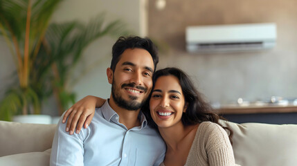 Fototapeta premium Happy couple, man and woman smiling, husband and wife hugging and sitting together on gray sofa couch in living room interior. Married relationship lifestyle, bonding in home or house apartment indoor