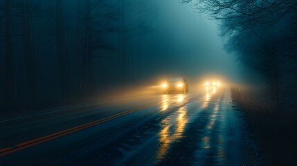 Car headlights shining on the road at night, with a misty forest in the background. A car is driving along an empty country highway under dim lighting, creating a mysterious and spooky atmosphere. 