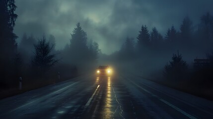 Fototapeta premium Car headlights shining on the road at night, with a misty forest in the background. A car is driving along an empty country highway under dim lighting, creating a mysterious and spooky atmosphere. 