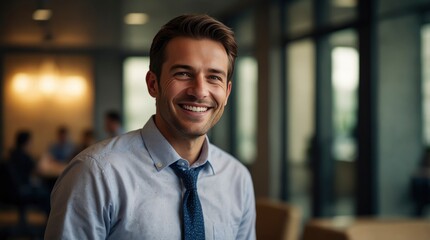 Obraz premium Smiling businessman exuding satisfaction in the modern ambiance of a startup's corporate office