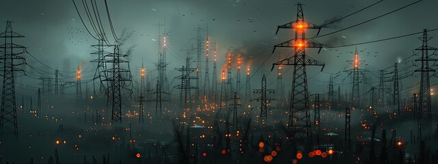 Dramatic Cityscape with High Voltage Power Lines