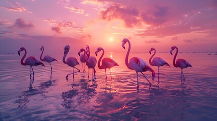 Flamingos standing in shallow water at sunset, photo realistic, in the style of national geographic style.