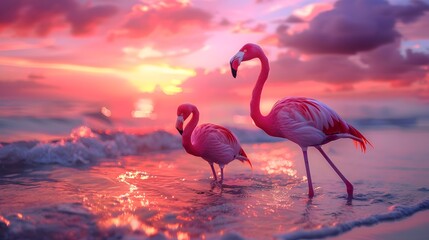 Fototapeta premium Flamingos standing in shallow water at sunset, photo realistic, in the style of national geographic style.