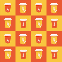 Vector seamless pattern from coffee cups with image peace sign and Eiffel tower. Geometric background.