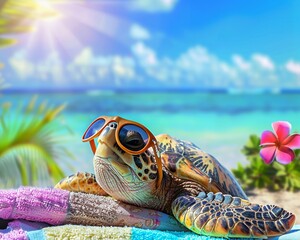 Cool Turtle with Sunglasses on Tropical Beach