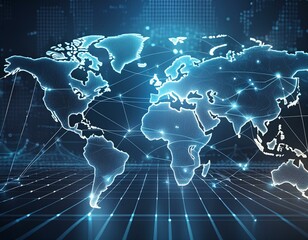Fototapeta premium Wireframe internet, network and connection for abstract, mockup or cyberspace for future. Technology, software and world map for cybersecurity, development or cloud computing innovation for web model