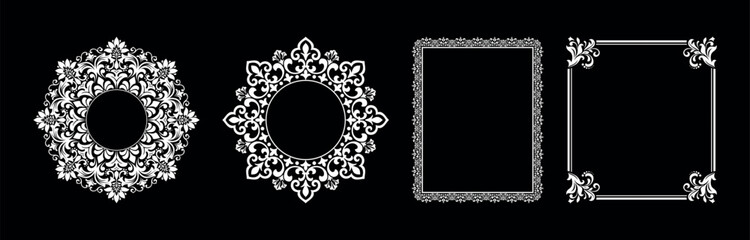 Set of decorative frames Elegant vector element for design in Eastern style, place for text. Floral black and white borders. Lace illustration for invitations and greeting cards.