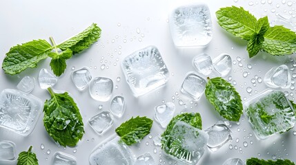 Obraz premium Mint leaves and ice cubes isolated on white background, flat lay.