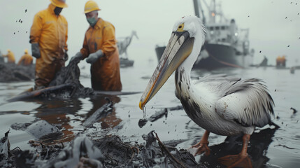 Volunteers. A pelican stands in an oil-polluted reservoir. The picture is grim, and the presence of a bird is a reminder of the damage that humans have done to the environment - Powered by Adobe