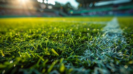 Low angle view of a soccer field, capturing the detailed grass texture and gleaming sunlight