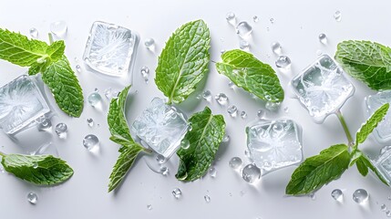 Obraz premium Mint leaves and ice cubes isolated on white background, flat lay.