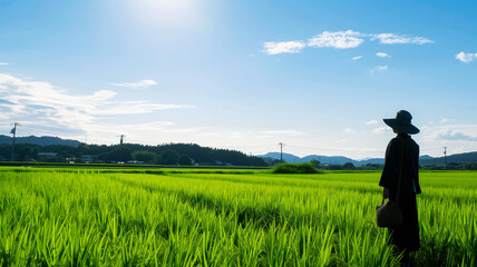 田んぼ シルエット 人 青空
