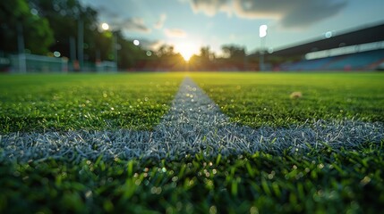 A serene soccer field scene captured at sunset featuring light flares and a close-up of the white line