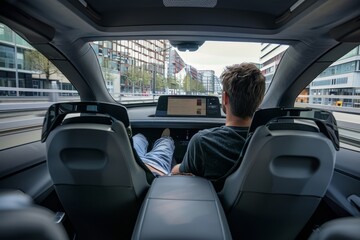 Man enjoying a ride in a modern autonomous vehicle with a spacious interior, showcasing advanced self driving technology and urban mobility innovation