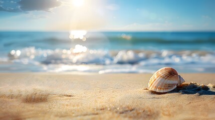 Obraz premium A seashell on the beach with an ocean view in the background, sunlight and blue sky. Web banner with empty space on the left.