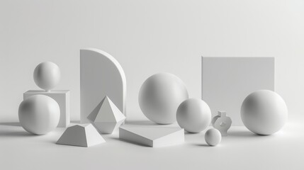 Set of smooth white geometric shapes, various angles, gray background