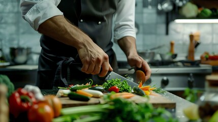 A chef is cutting vegetables on a wooden cutting board. The chef is wearing a white apron and is using a sharp knife to cut the vegetables.