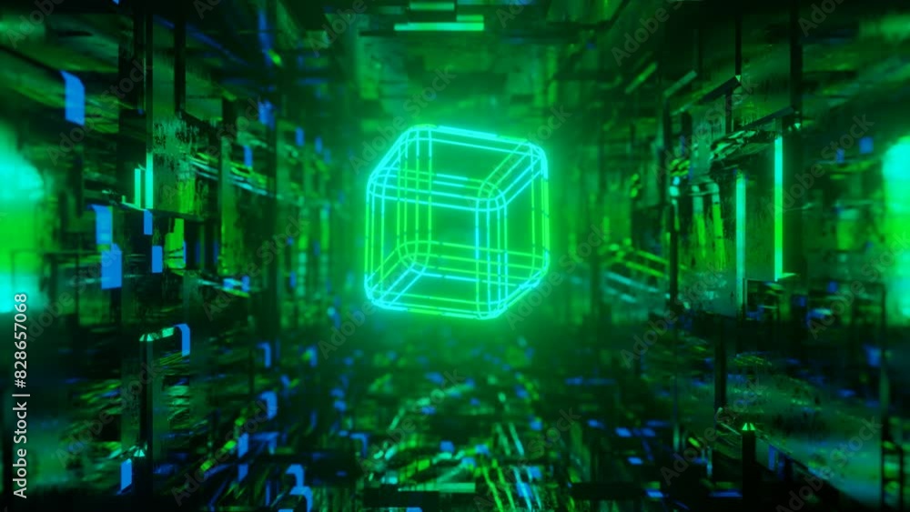 Poster 3d object or structure rotates and moves inside glass mirror tunnel with neon light, bright reflecti