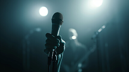 Obraz premium A hand holding a microphone in picture.generative ai