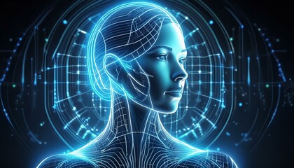 A detailed holographic projection of a human head, formed by luminous neon blue lines outlining its iconic features, set against a void-like darkness.