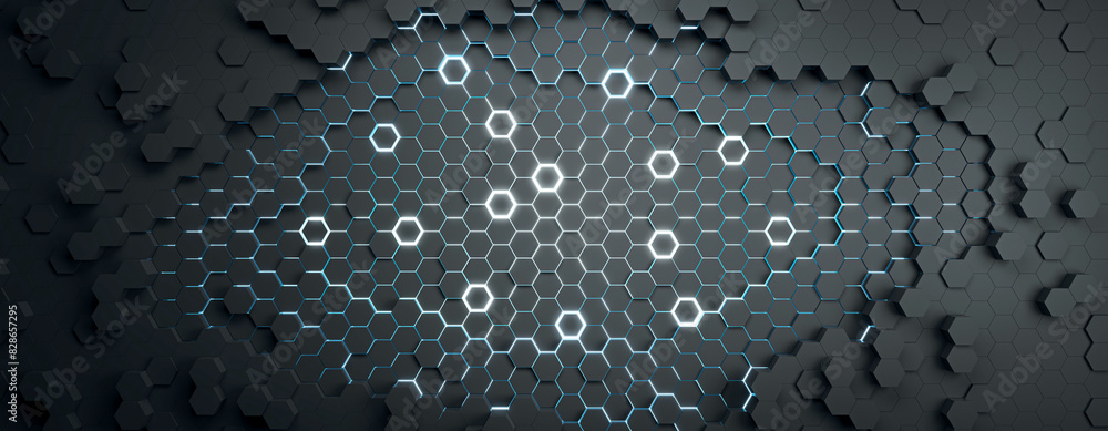 Poster hexagonal pattern with neon lights on a dark background, concept of modern technology design. 3d ren