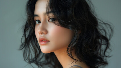 Fototapeta premium Portrait of Asian Woman curly hair with natural makeup, healthy hairstyle