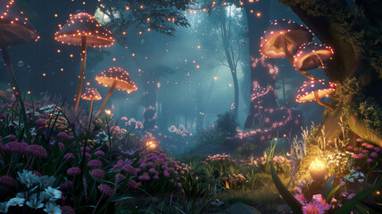 Magical forest with lights on trees and plants at night