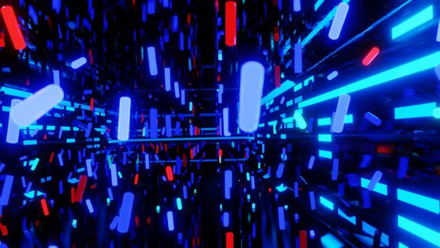 Mirror room with neon light. Abstract festive bg with bright reflection. vj loop neon room. seamless looped background with neon light. Night club bright neon style bg. Dark room disco lights