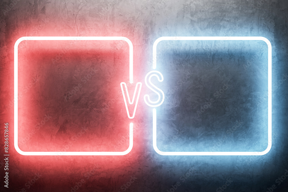 Poster Neon light boxes with vs sign on a grunge background, highlighting a concept of competition or comparison, modern design. 3D Rendering