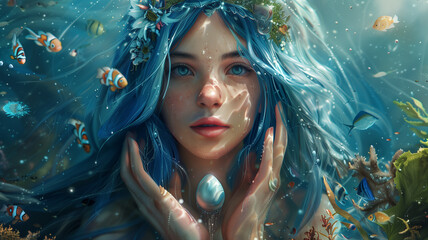 Underwater mermaid holding a pearl in her hand, and there are fish swimming around.