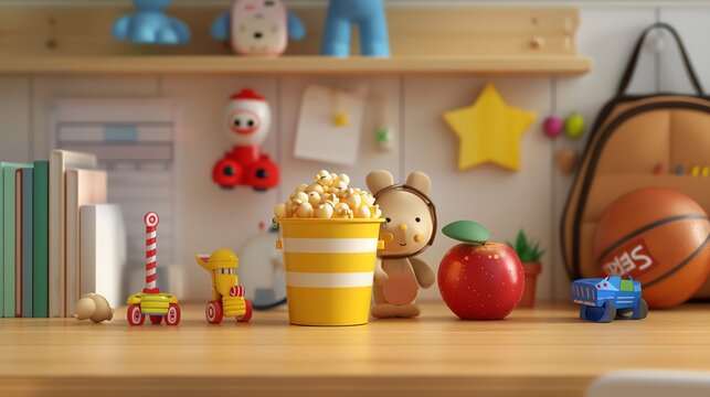 A cute and colorful 3D illustration of a teddy bear holding an apple next to a bucket of popcorn. The bear is sitting on a wooden table.